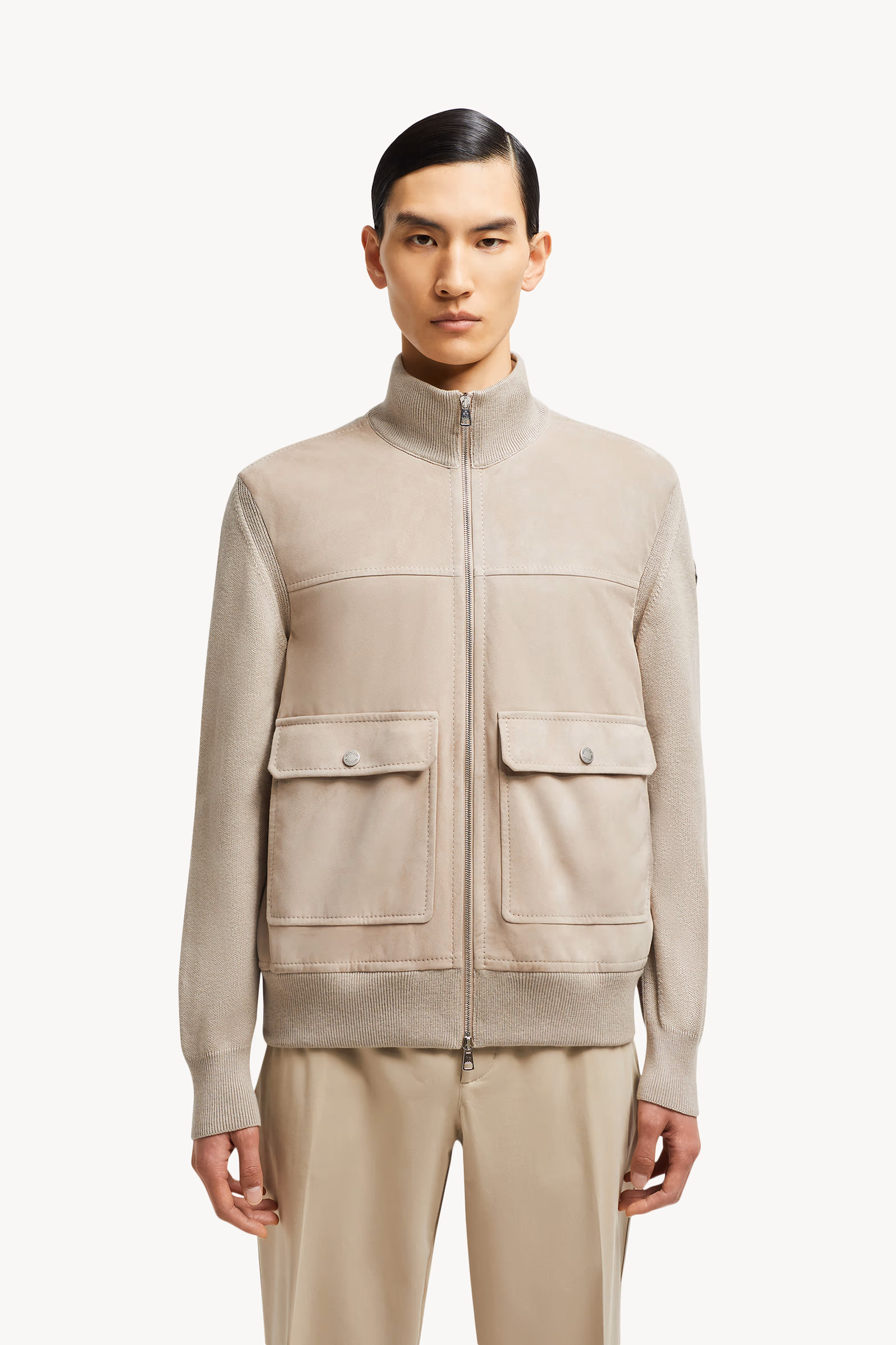Cárdigan con cremallera de lana, algodón y ante Hombre Marrón Moncler 3